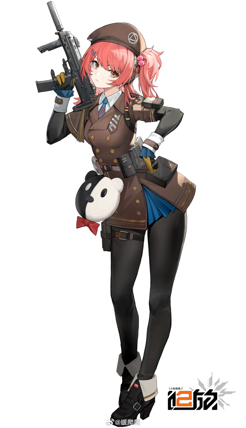 1girl :/ absurdres ankle_boots arm_pouch bear_charm belt_pouch beret black_footwear black_gloves black_pantyhose blue_necktie boots brown_coat brown_hat buttons coat coat_dress collared_shirt copyright_name double-breasted dress fold-over_boots full_body girls'_frontline_2:_exilium girls_frontline gloves gun h&amp;k_mp7 hand_on_own_hip hand_up hat high_heels highres holding holding_gun holding_weapon layered_sleeves logo long_hair long_sleeves looking_at_viewer mp7_(girls'_frontline) necktie nuanpapa official_art one_side_up pantyhose pouch redhead shirt short_dress short_over_long_sleeves short_sleeves solo submachine_gun tachi-e thigh_pouch v-shaped_eyebrows weapon weibo_logo weibo_username white_background white_shirt yellow_eyes