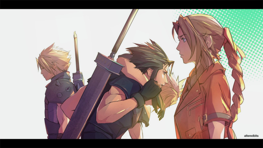 1girl 2boys alteredbits arm_around_shoulder armor artist_name black_gloves black_hair blonde_hair braid braided_ponytail brown_hair buster_sword closed_eyes facing_ahead final_fantasy final_fantasy_vii final_fantasy_vii_remake gloves green_eyes hair_ribbon hair_slicked_back head_down highres holding_another's_wrist jacket long_hair multiple_boys parted_bangs parted_lips pink_ribbon red_jacket ribbon short_hair short_sleeves shoulder_armor sidelocks single_braid single_shoulder_pad sleeveless sleeveless_turtleneck spiky_hair suspenders turtleneck upper_body weapon weapon_on_back