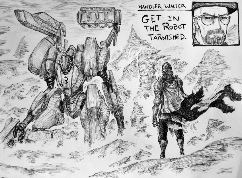 1other absurdres armor armored_core breaking_bad cape character_name chronozbergh commentary crossover elden_ring english_commentary english_text full_armor full_body greyscale highres mecha monochrome multiple_crossover robot science_fiction standing tarnished_(elden_ring) traditional_media walter_white wide_shot