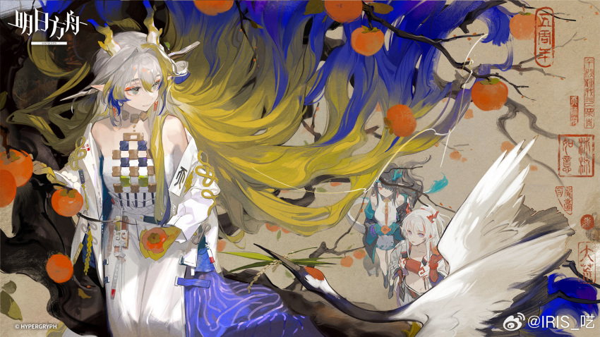3girls arknights bird black_hair black_jacket blonde_hair blue_hair closed_mouth colored_skin crane_(animal) dragon_girl dragon_horns dragon_tail dress dusk_(arknights) earrings food fruit green_hair green_skin grey_eyes grey_hair highres holding holding_food holding_fruit horns iris_yi jacket jewelry long_hair looking_to_the_side multicolored_hair multicolored_skin multiple_girls necklace nian_(arknights) official_art open_clothes open_jacket pointy_ears ponytail red_eyes red_skin redhead shu_(arknights) smile standing tail tree two-tone_hair violet_eyes watermark white_dress white_hair white_jacket yellow_skin