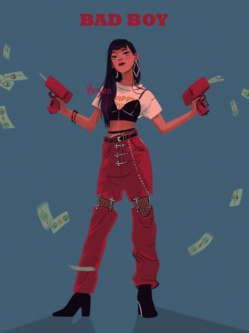 1girl animification artist_name banknote black_bra black_hair blunt_bangs boots bra bracelet crop_top diamond_earrings earrings english_commentary full_body highres holding jewelry k-pop long_hair looking_at_viewer money money_rain motekill necklace pants real_life red_pants red_velvet_(group) seulgi_(red_velvet) shadow simple_background solo underwear