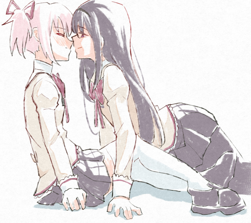 2girls akemi_homura black_hair black_hairband black_pantyhose black_skirt blush bow bowtie brown_shirt closed_eyes closed_mouth commentary_request hair_ribbon hairband highres imminent_kiss juliet_sleeves kaname_madoka long_sleeves mahou_shoujo_madoka_magica mahou_shoujo_madoka_magica_(anime) multiple_girls pantyhose pink_hair puffy_sleeves red_bow red_bowtie red_ribbon ribbon risai shirt simple_background sitting skirt smile thigh-highs twintails violet_eyes white_background white_thighhighs yuri