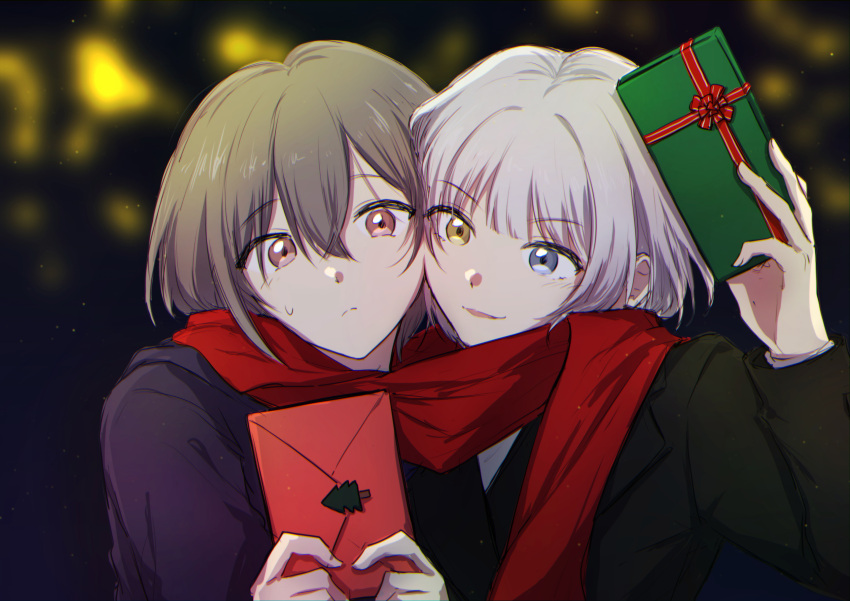 2girls bang_dream! bang_dream!_it's_mygo!!!!! black_coat blue_eyes blurry blurry_background box cheek-to-cheek christmas closed_mouth coat commentary english_commentary gift gift_box grey_hair heads_together heterochromia highres holding holding_gift holding_letter jacha_gam kaname_raana letter light_particles multiple_girls outdoors parted_lips purple_coat red_eyes red_scarf scarf shared_clothes shared_scarf short_hair smile sweatdrop takamatsu_tomori upper_body white_hair yellow_eyes