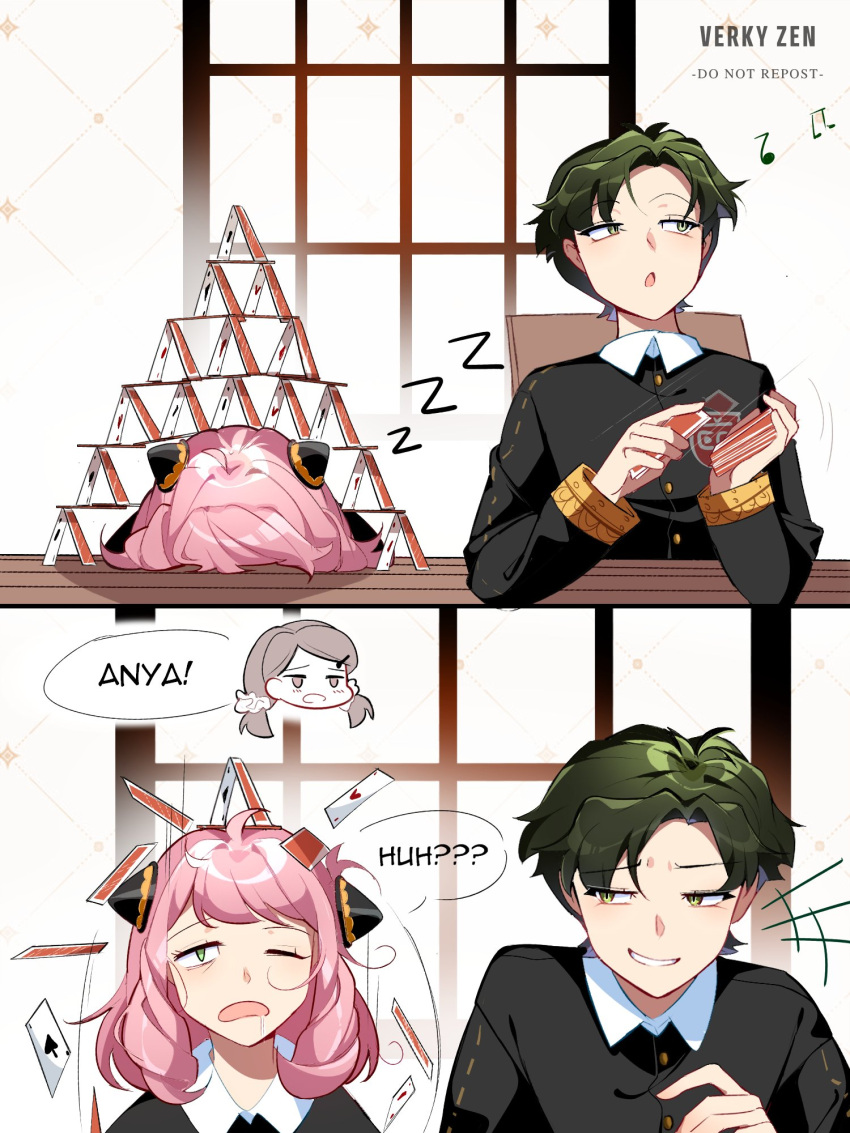 1boy 2girls anya_(spy_x_family) becky_blackbell card damian_desmond giggling green_eyes green_hair highres house_of_cards laughing multiple_girls musical_note one_eye_closed open_mouth pink_hair playing_card school_uniform sitting sleeping speech_bubble spy_x_family table verkyzen zzz
