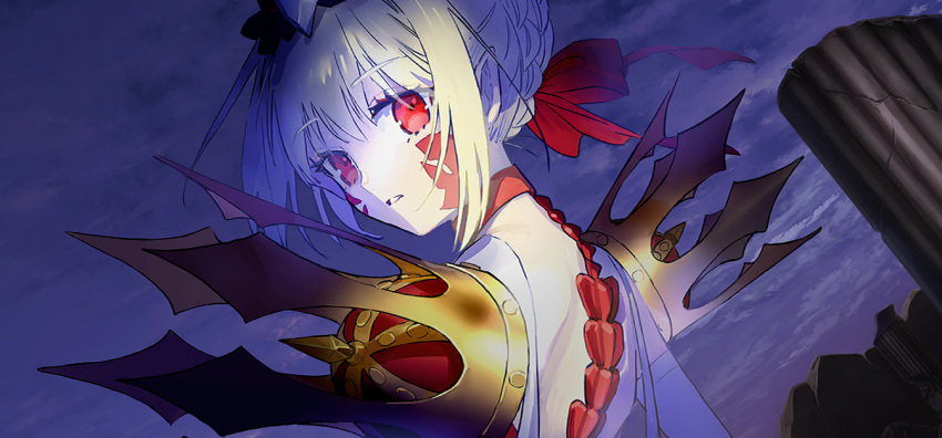 1girl blonde_hair braid crown elbow_gloves facial_mark fate/grand_order fate_(series) game_cg gloves gold_crown hair_bun nero_claudius_(fate) official_art pointed_crown purple_sky queen_draco_(fate) queen_draco_(second_ascension)_(fate) red_eyes sky spiked_pauldrons wada_arco white_gloves