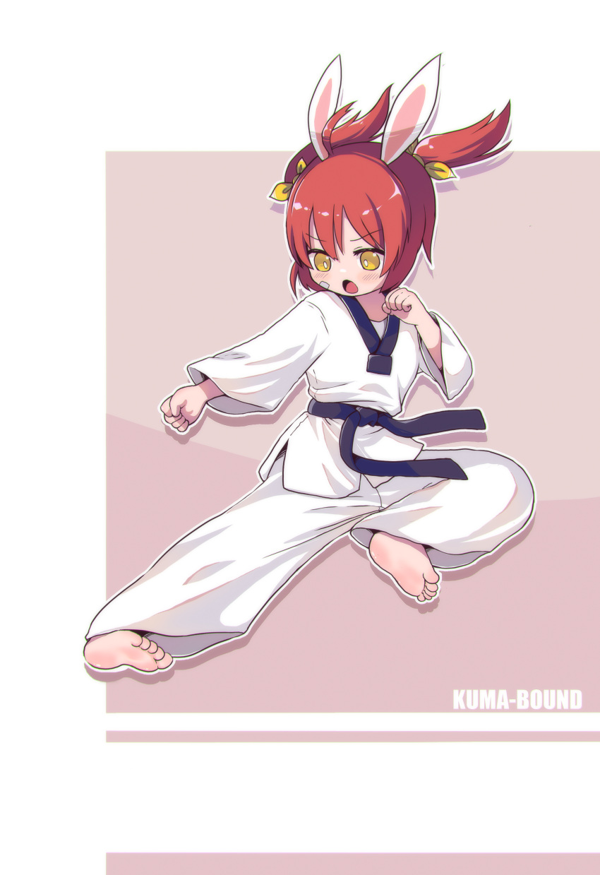1girl :o absurdres animal_ears artist_name barefoot belt black_belt bright_pupils chinese_commentary commentary_request dougi feet full_body highres kuma-bound martial_arts_belt open_mouth original pants rabbit_ears rabbit_girl redhead soles solo toes twintails white_pants white_pupils yellow_eyes