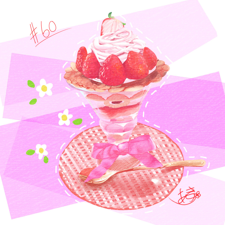 absurdres artist_name food food_focus fruit highres no_humans original parfait pink_ribbon ribbon spoon strawberry takisou_sou whipped_cream