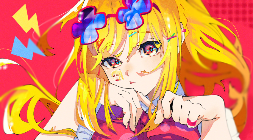 1girl blonde_hair blue-tinted_eyewear bocchi_the_rock! bow bowtie commentary eyewear_on_head hands_up highres ijichi_nijika irreligiositat jewelry lightning_bolt_symbol long_hair looking_at_viewer mika_pikazo_(style) portrait red_background red_bow red_bowtie red_eyes ring shirt sidelocks simple_background solo tinted_eyewear tongue tongue_out white_shirt