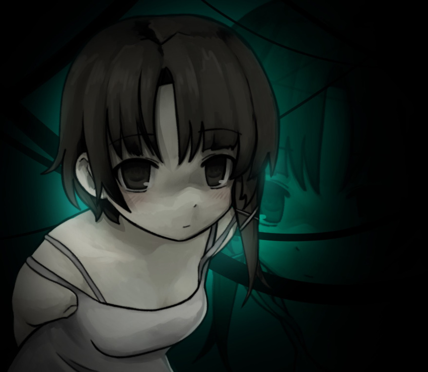 1girl arms_behind_back brown_eyes brown_hair camisole expressionless hair_ornament highres iwakura_lain leaning_forward looking_at_viewer multiple_views serial_experiments_lain short_hair white_camisole wire x_hair_ornament zoolpal
