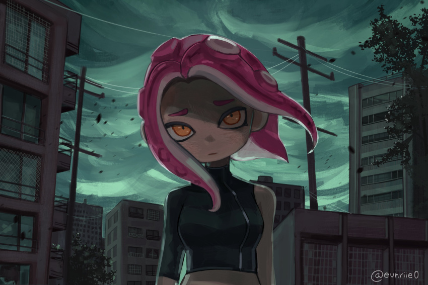 1girl breasts building commentary cropped_shirt dark-skinned_female dark_skin green_sky highres medium_breasts octoling_girl octoling_player_character orange_eyes shaded_face single_sleeve solo splatoon_(series) suction_cups tentacle_hair turtleneck twitter_username upper_body utility_pole yami_(eunriie)