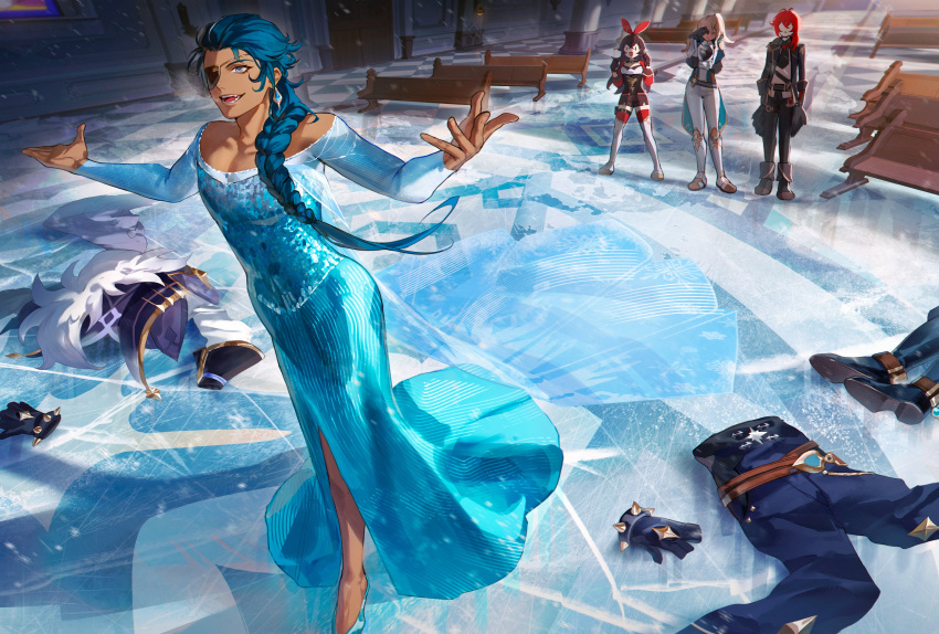 2boys 2girls absurdres alternate_hairstyle amber_(genshin_impact) arms_at_sides bare_shoulders blonde_hair blue_eyes blue_hair boots braid breath brown_hair cosplay dangle_earrings dark-skinned_male dark_skin diluc_(genshin_impact) dress earrings elsa_(frozen) elsa_(frozen)_(cosplay) english_commentary eyepatch facepalm fangs fisheye frozen_(disney) genshin_impact gloves hand_on_own_face high_heels highres ice indoors jacket jean_(genshin_impact) jewelry kaeya_(genshin_impact) legs_apart long_braid long_dress long_hair long_sleeves looking_at_another looking_up multiple_boys multiple_girls off-shoulder_dress off_shoulder one_eye_covered open_mouth pants redhead shoes shorts smile srro_yo standing thigh_boots unworn_clothes very_long_hair walking |_|