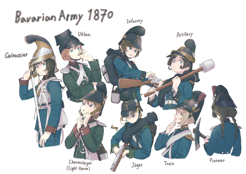 1870 6+girls absurdres ammunition ammunition_pouch armor backpack bag bavaria belt black_belt blonde_hair blue_eyes blue_jacket braid brown_hair buttons canteen cartridge cavalry_sword chin_strap cigarette closed_mouth commentary cropped_torso cuirass cuirassier dreyse_m1841 english_text german_text green_jacket gun hair_between_eyes hand_up hat hat_ornament helmet highres holding holding_cigarette holding_gun holding_sheath holding_sword holding_weapon jacket karasumi_(sumizono) load_bearing_equipment long_hair long_sleeves looking_at_viewer low_twin_braids magazine_(weapon) magazine_ejection military military_hat military_jacket military_uniform multiple_girls open_mouth original pants pickaxe plume pouch ramrod reloading rifle_cartridge scabbard sheath sheathed short_hair shoulder_boards simple_background smoking soldier sword twin_braids uhlan uniform upper_body weapon white_background white_belt