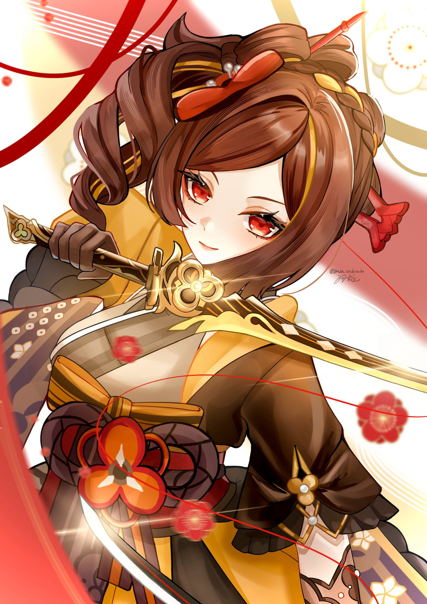 1girl absurdres black_gloves bow brown_hair brown_sleeves chiori_(genshin_impact) closed_mouth floral_background floral_print flower genshin_impact gloves gnsn_tukituki hair_flower hair_ornament highres holding holding_sword holding_weapon japanese_clothes kimono light_smile looking_at_viewer medium_hair obi orange_kimono orange_sleeves red_eyes red_flower sash single_drill solo sword upper_body weapon white_background wide_sleeves