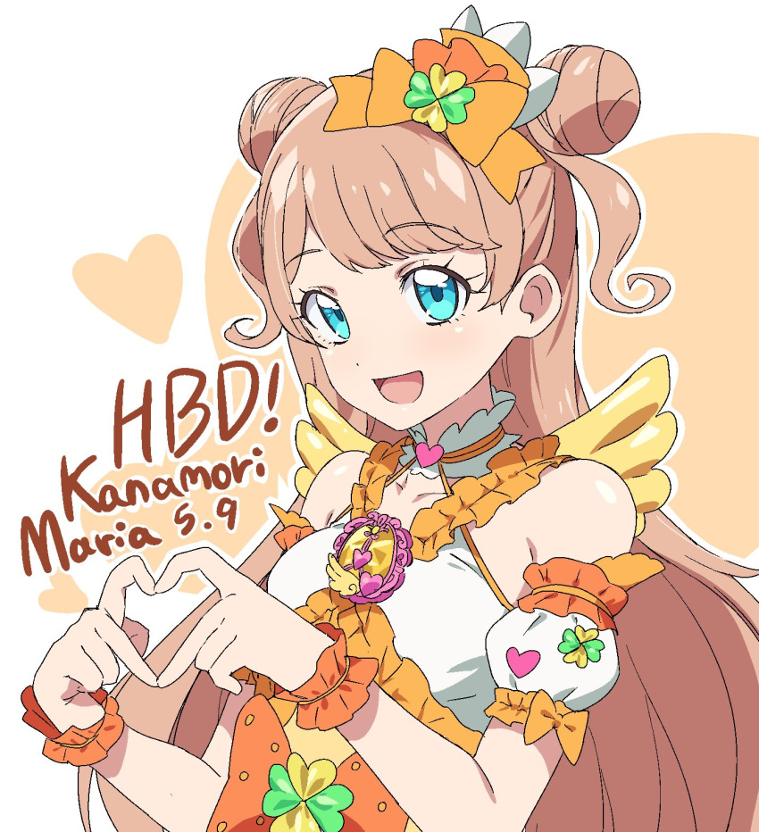 1girl :d bare_shoulders blue_eyes bow brown_hair character_name clover detached_sleeves dolldolldd double_bun four-leaf_clover hair_bun hands_up happy_birthday heart heart_hands highres idol_clothes kanamori_maria kiratto_pri_chan long_hair looking_at_viewer open_mouth orange_bow pretty_series puffy_detached_sleeves puffy_sleeves smile solo two_side_up upper_body wrist_cuffs