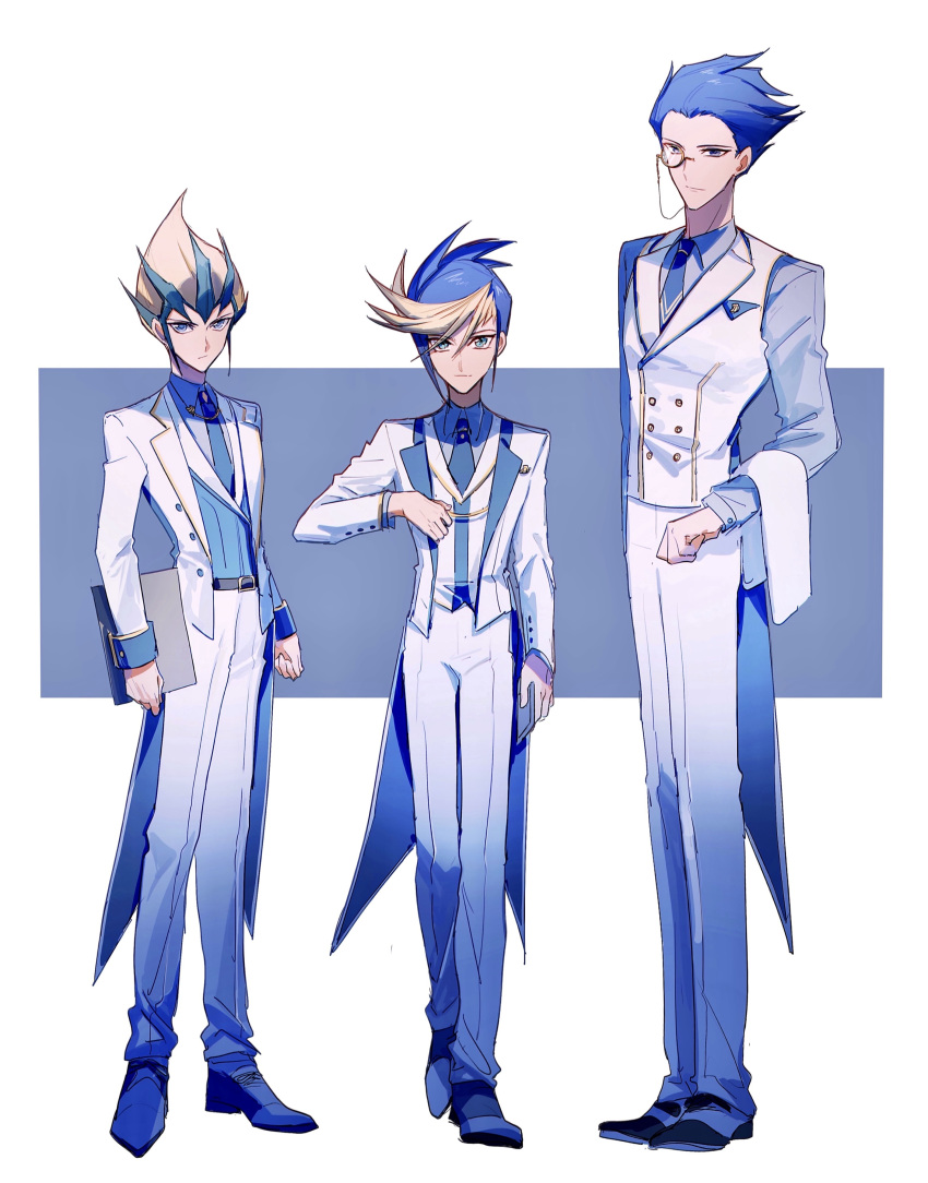 3boys absurdres alternate_costume antinomy bad_id bad_lofter_id belt black_belt blonde_hair blue_background blue_eyes blue_hair blue_necktie blue_shirt blue_theme blue_vest clenched_hands clipboard coat collared_shirt dress_shirt dress_shoes expressionless formal full_body hand_up highres holding holding_clipboard holding_towel in-franchise_crossover jacket light_smile long_sleeves looking_at_viewer male_focus multicolored_hair multiple_boys naoki_(2rzmcaizerails6) necktie open_clothes open_jacket pants shirt short_hair simple_background sleeve_cuffs spiky_hair standing tailcoat tenjou_kaito towel two-sided_coat two-sided_fabric two-sided_tailcoat vest walking white_coat white_pants white_towel white_vest yu-gi-oh! yu-gi-oh!_5d's yu-gi-oh!_arc-v yu-gi-oh!_zexal yuugo_(yu-gi-oh!)
