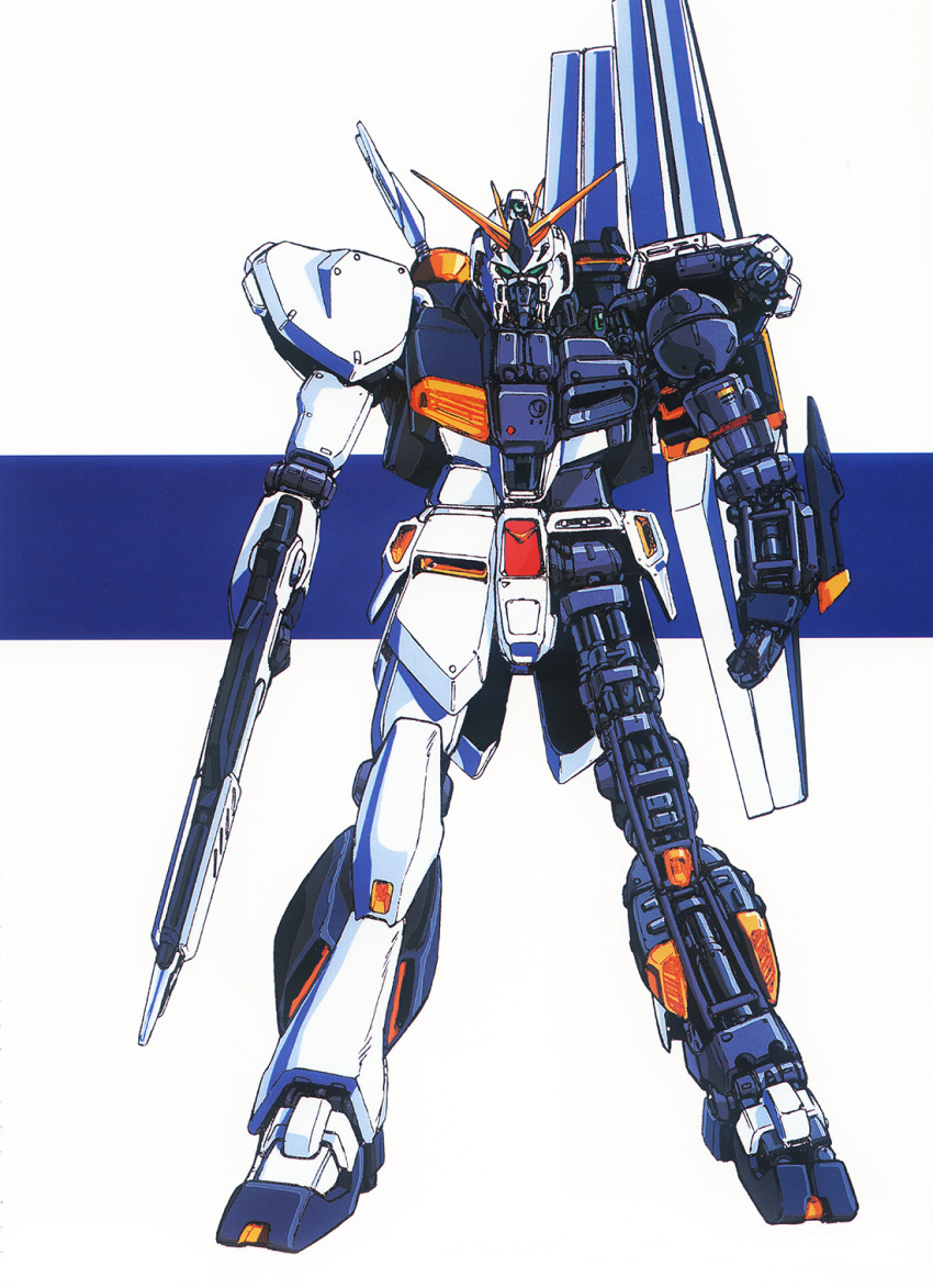 1980s_(style) animage beam_rifle char's_counterattack cross-section energy_gun gundam highres kawamoto_toshihiro key_visual machinery magazine_scan mecha mecha_focus mobile_suit no_humans nu_gundam official_art promotional_art retro_artstyle robot scan science_fiction traditional_media v-fin weapon