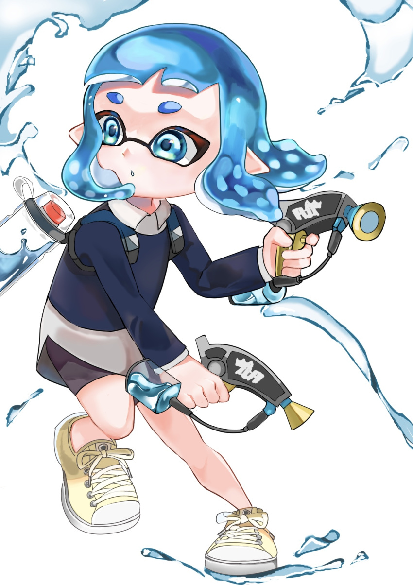 1girl bike_shorts blue_eyes blue_hair commentary_request cross-laced_footwear dual_wielding full_body gun highres holding holding_gun holding_weapon ink_tank_(splatoon) inkling inkling_girl inkling_player_character medium_hair negi_kobito open_mouth pointy_ears shoes simple_background solo splat_dualies_(splatoon) splatoon_(series) splatoon_2 tentacle_hair thick_eyebrows weapon white_background yellow_footwear