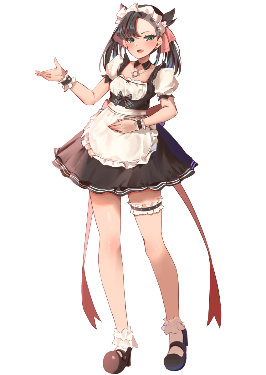 1girl alternate_costume apron asymmetrical_bangs black_hair bow detached_collar enmaided full_body green_eyes highres jewelry looking_at_viewer maid maid_apron maid_day maid_headdress marnie_(pokemon) momdy_(talesshinja) open_hand open_mouth pendant plaid plaid_bow pokemon pokemon_swsh puffy_short_sleeves puffy_sleeves shoes short_sleeves simple_background solo standing thigh_strap twintails undercut white_background