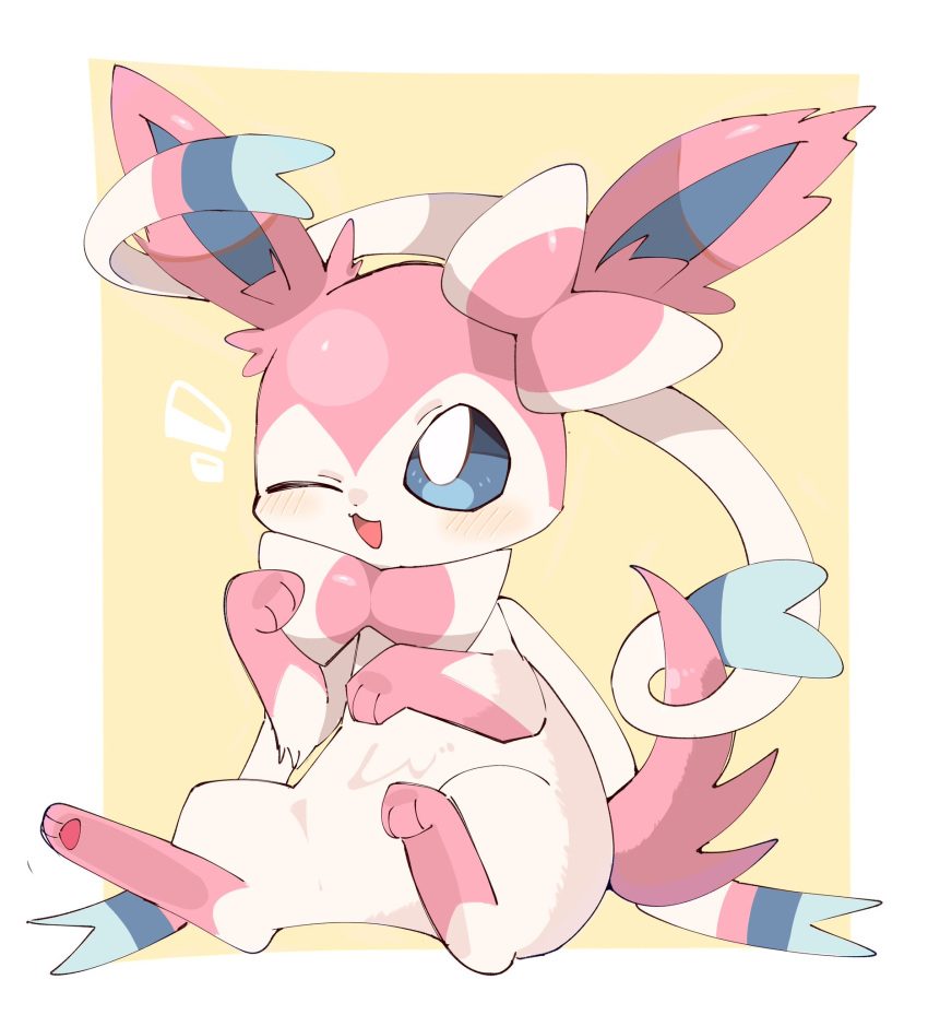 baniragum blue_eyes blue_fur blush border bow bright_pupils highres looking_at_viewer multicolored_fur no_humans one_eye_closed open_mouth pink_fur pokemon pokemon_(creature) ribbon simple_background sitting smile solo sylveon white_border white_fur white_pupils yellow_background