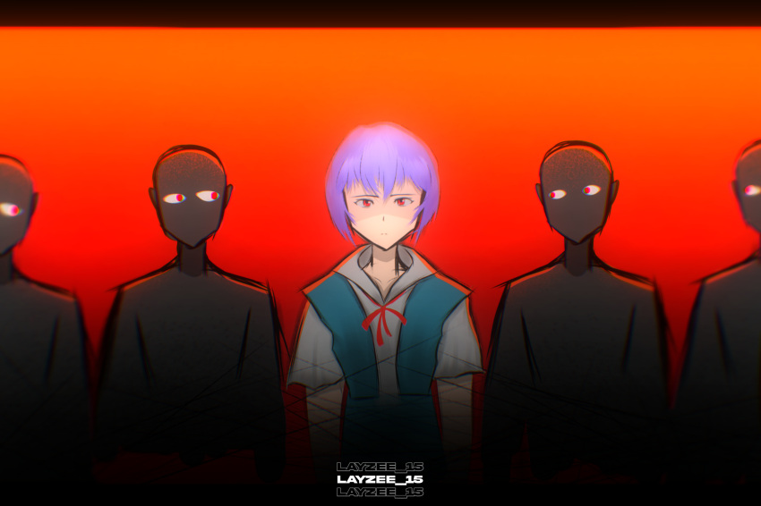 1girl 4others :| absurdres ayanami_rei blue_hair closed_mouth highres layzee_15 lineup looking_at_viewer multiple_others neon_genesis_evangelion red_background red_eyes red_ribbon ribbon self-upload