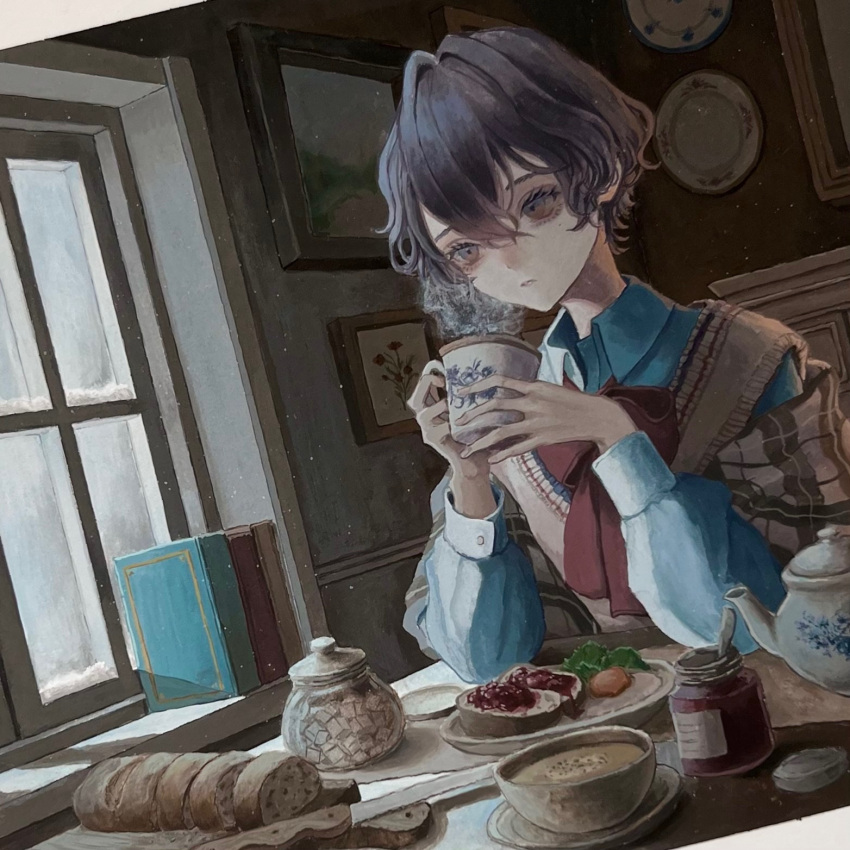 1boy black_hair blue_shirt book bow bowtie bread collared_shirt cup food hair_between_eyes hands_up highres holding holding_cup indoors knife long_sleeves looking_at_viewer male_focus mashiroi_no mug original parted_lips picture_frame plate purple_hair red_bow red_bowtie shawl shirt short_hair solo steam sweater_vest table teacup upper_body vest window