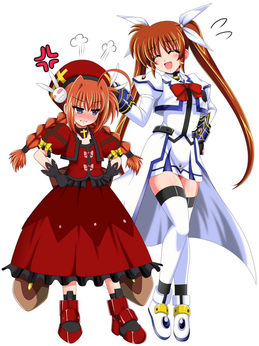 2girls ahoge anger_vein beret black_gloves blouse blue_eyes blush boots bow bowtie braid brown_hair commentary_request commission cropped_jacket detached_collar facing_another fingerless_gloves flying_sweatdrops frilled_shirt frills full_body gloves grimace hair_ribbon hand_on_another's_head hand_on_own_hip hands_on_own_hips hat high_collar highres jacket juliet_sleeves long_hair long_sleeves lyrical_nanoha magical_girl mahou_shoujo_lyrical_nanoha_strikers medium_skirt miniskirt multiple_girls open_mouth orange_hair overskirt partial_commentary pleated_skirt puff_of_air puffy_short_sleeves puffy_sleeves red_bow red_bowtie red_footwear red_hat red_shirt red_skirt ribbon shirt short_sleeves simple_background skeb_commission skirt smile standing takamachi_nanoha takamachi_nanoha_(aggressor_mode) thigh-highs twin_braids twintails very_long_hair vita_(nanoha) waist_cape white_background white_footwear white_jacket white_ribbon white_shirt white_skirt white_thighhighs yaeba