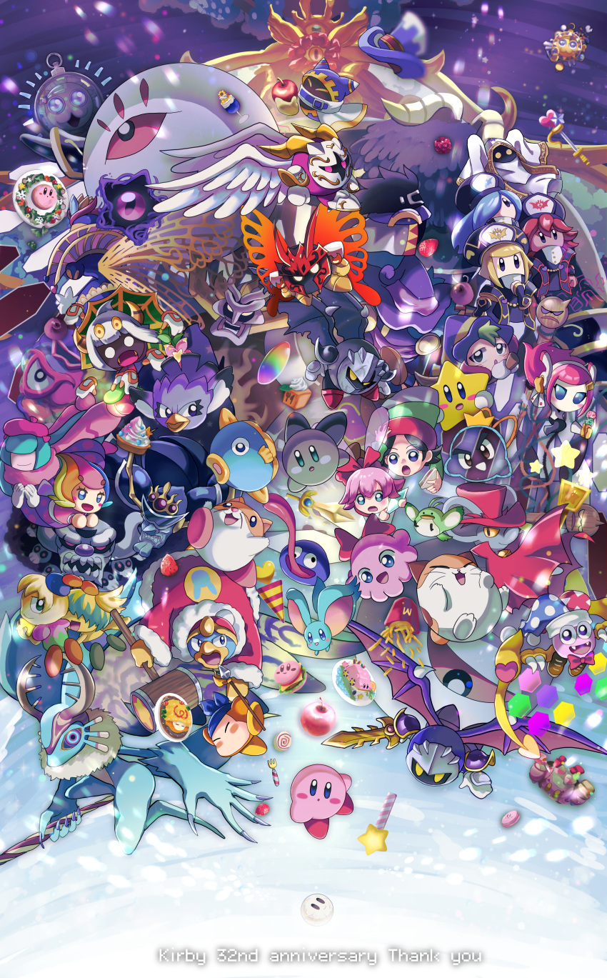 absurdres adeleine anniversary apple bandana bandana_waddle_dee beret bird black_hair blonde_hair blue_bandana blue_eyes blue_hair blush_stickers bow character_request commentary_request coo_(kirby) copyright_request danepoyo_111 dark_meta_knight daroach english_text flamberge_(kirby) food francisca_(kirby) fruit gooey_(kirby) hat highres holding holding_food holding_polearm holding_sword holding_weapon kine_(kirby) king_dedede kirby kirby's_dream_land_3 kirby:_planet_robobot kirby:_star_allies kirby_(series) kirby_64 kirby_and_the_amazing_mirror kirby_squeak_squad magolor marx_(kirby) meta_knight multiple_boys multiple_girls open_mouth pink_hair polearm red_bow redhead ribbon_(kirby) rick_(kirby) sandwich smile spear susie_(kirby) sword taranza top_hat weapon wings zan_partizanne