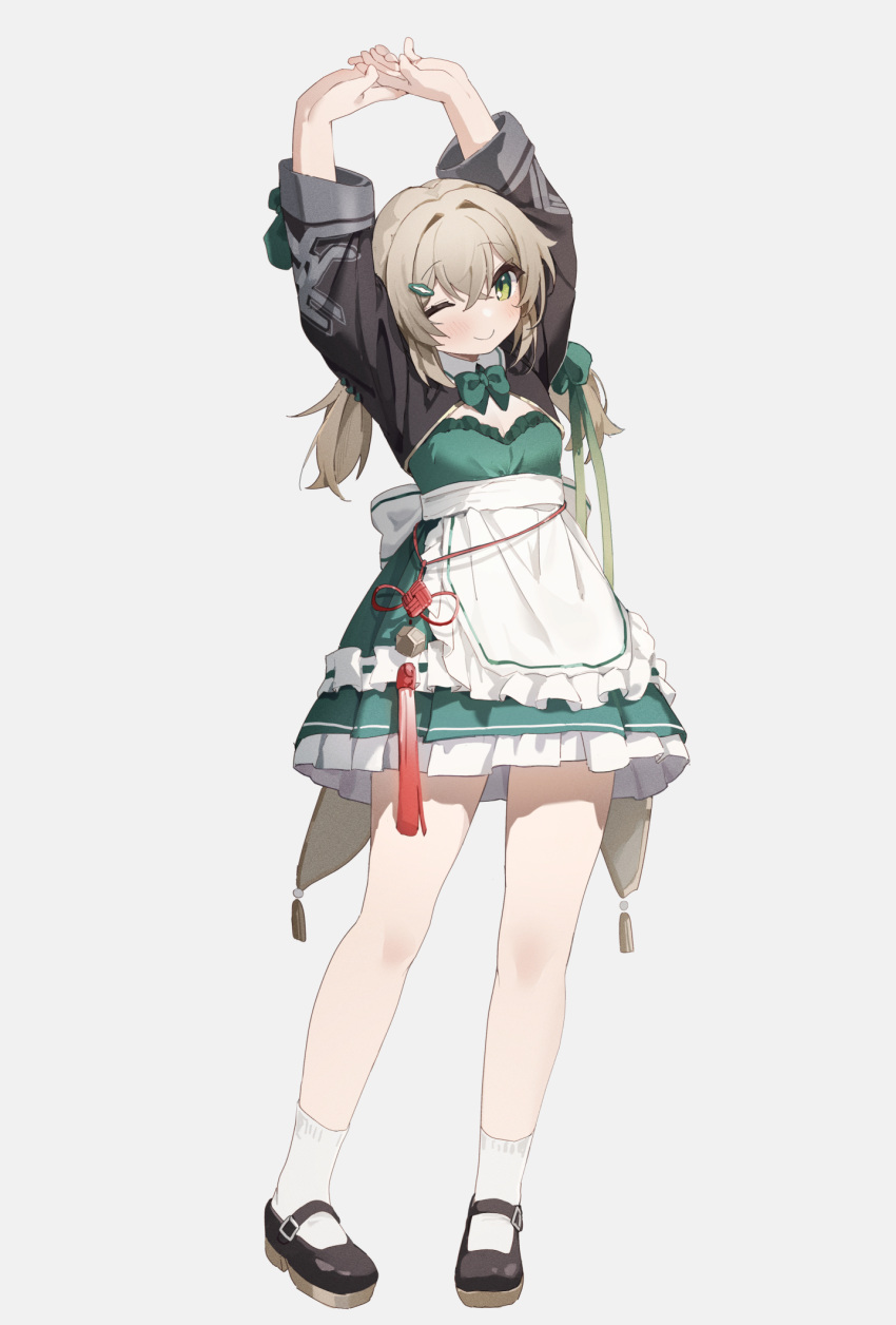 1girl apron arms_up bare_legs black_footwear black_shrug blush closed_mouth coria crossed_bangs dress frilled_apron frills full_body green_dress green_eyes hair_between_eyes highres honkai:_star_rail honkai_(series) legs_apart light_brown_hair long_hair looking_at_viewer low_twintails one_eye_closed own_hands_together petticoat qingque_(honkai:_star_rail) shoes short_dress sidelocks simple_background smile socks solo stretching twintails waist_apron white_apron white_background white_socks