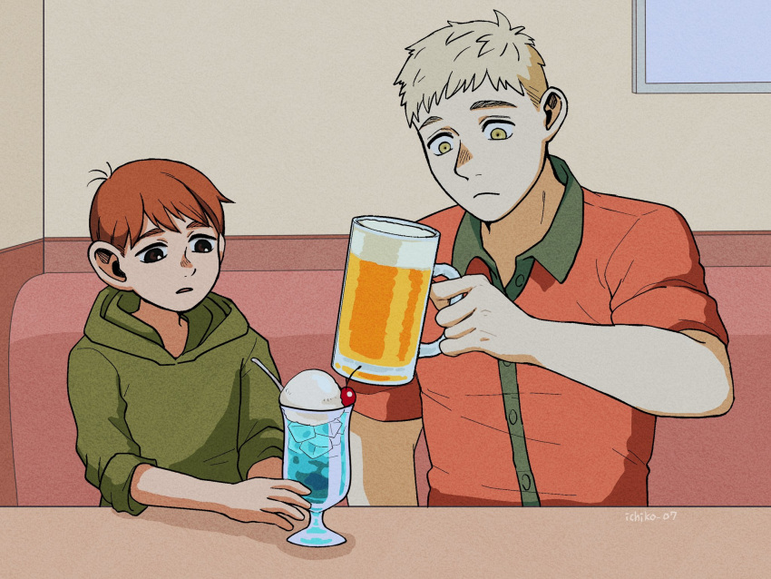 2boys alcohol beer beer_mug brown_eyes chilchuck_tims commentary_request cup drink drinking_straw dungeon_meshi highres holding holding_cup hood ichiko_07 indoors laios_touden male_focus mug multiple_boys open_mouth simple_background upper_body