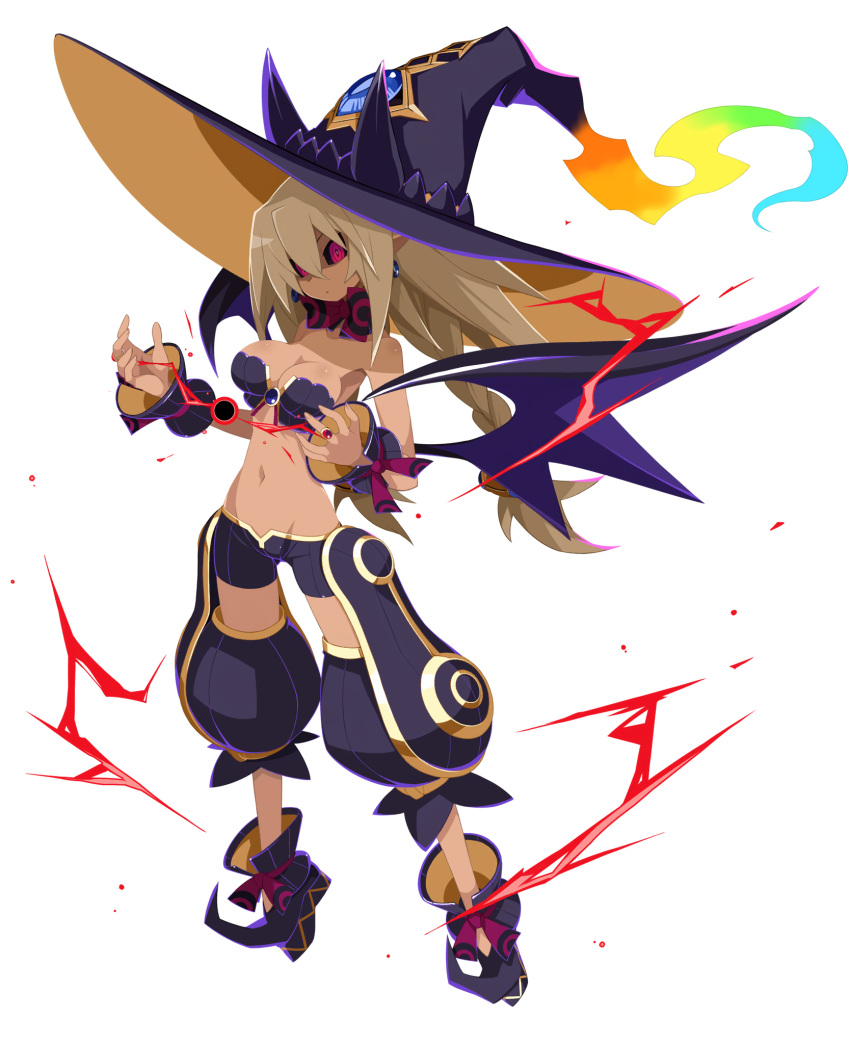 1girl black_footwear black_sclera black_wings braid breasts colored_sclera dark_persona detached_collar disgaea disgaea_rpg earrings full_body gem hat highres jewelry large_breasts light_brown_hair long_hair magic majo_to_hyakkihei metallica_(majo_to_hyakkihei) navel non-web_source official_art photoshop_(medium) pointy_ears pointy_footwear prinny red_eyes ring solo standing transparent_background twin_braids wide_brim wings witch witch_hat