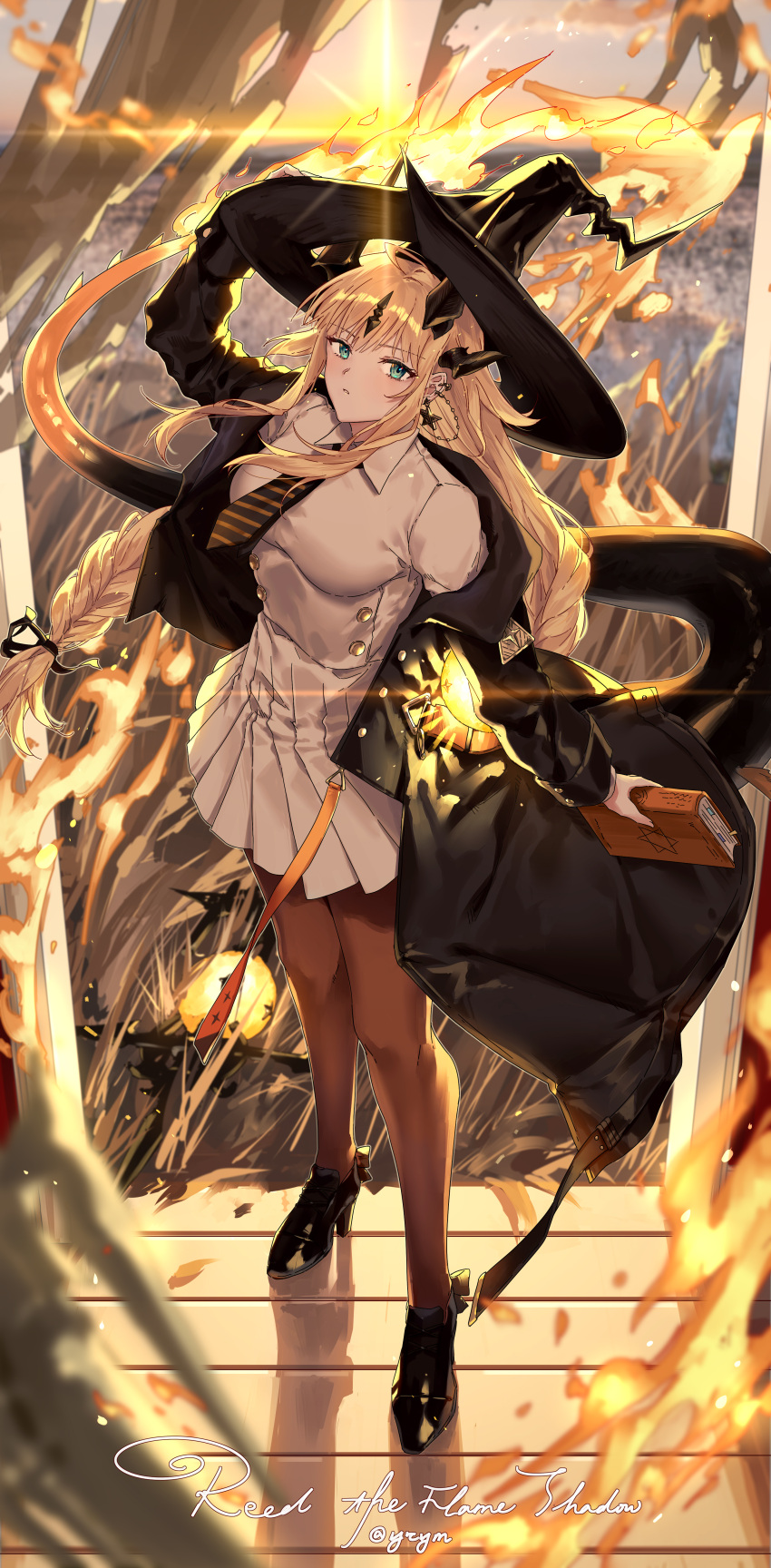 1girl absurdres alternate_costume arknights black_pantyhose black_thighhighs blonde_hair blue_eyes book braid breasts closed_mouth dragon_girl dragon_horns dragon_tail fire flame-tipped_tail full_body green_eyes hat high_heels highres holding holding_book horns jacket long_hair looking_at_viewer necktie pantyhose reed_(arknights) solo standing tail thigh-highs very_long_hair witch witch_hat yoruyume