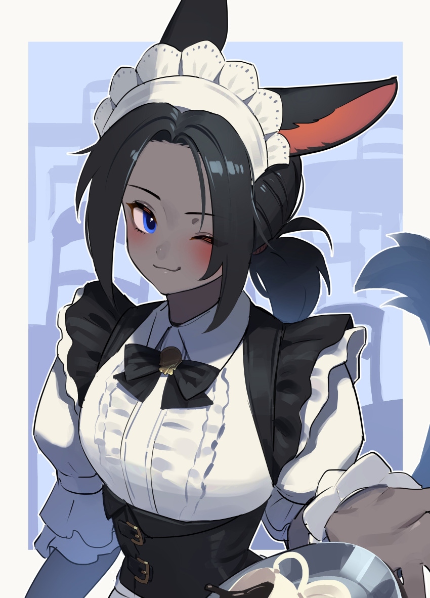 1girl :3 absurdres alternate_costume animal_ears apron black_hair blue_eyes blush coffee_cup colored_skin cup disposable_cup dropping english_commentary enmaided failure final_fantasy final_fantasy_xiv grey_skin highres looking_at_viewer low_ponytail maid maid_apron maid_day maid_headdress midd_night miqo'te one_eye_closed original solo tail tostantan warrior_of_light_(ff14)