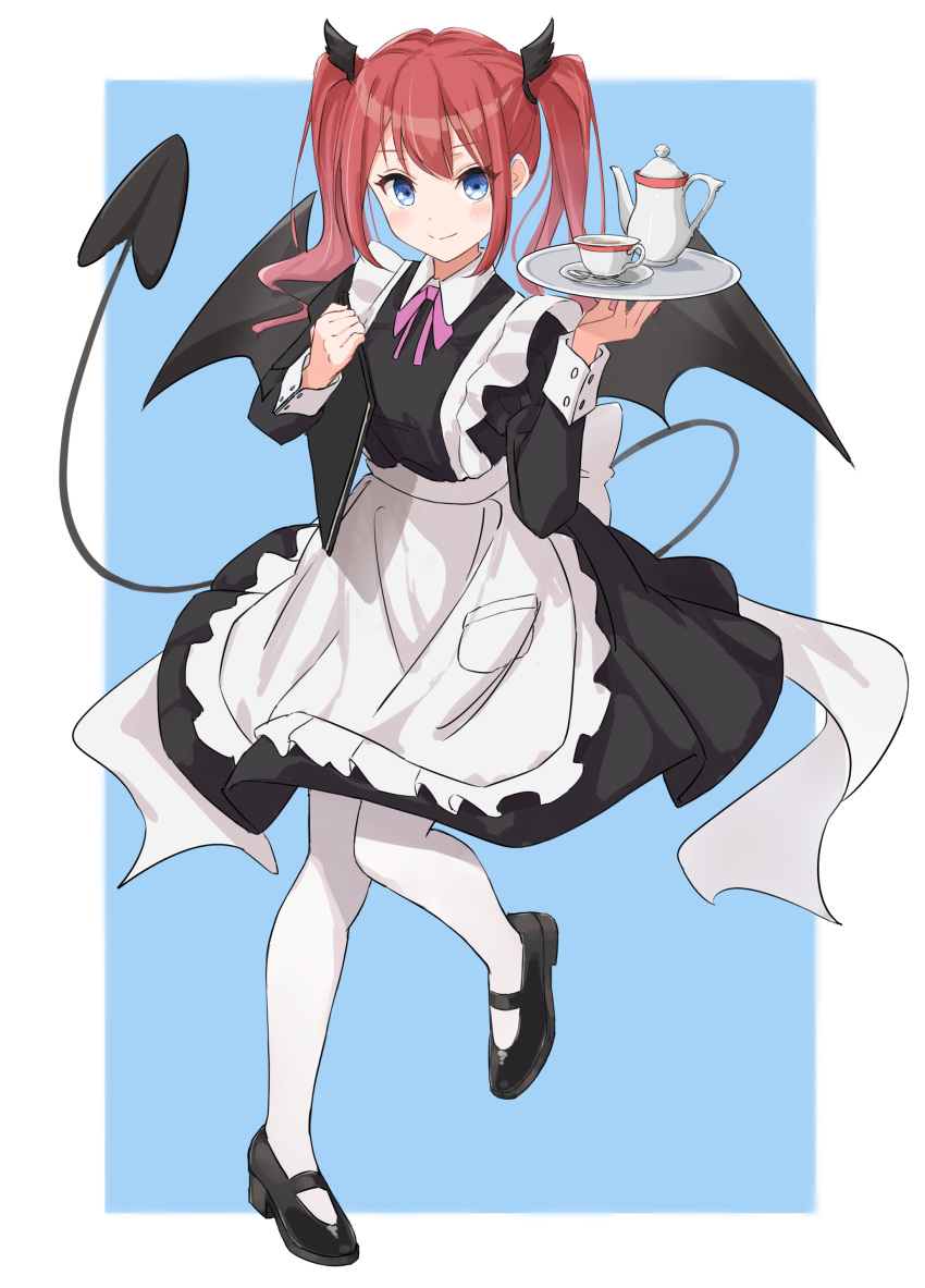 1girl absurdres apron black_dress black_footwear black_wings blue_background blue_eyes blush closed_mouth collared_dress commentary_request cup demon_girl demon_tail demon_wings dress frilled_apron frills full_body highres holding holding_tray honorikiti juliet_sleeves long_hair long_sleeves maid original pantyhose puffy_sleeves redhead saucer shoes smile solo standing standing_on_one_leg tail teacup teapot tray twintails two-tone_background white_apron white_background white_pantyhose wings