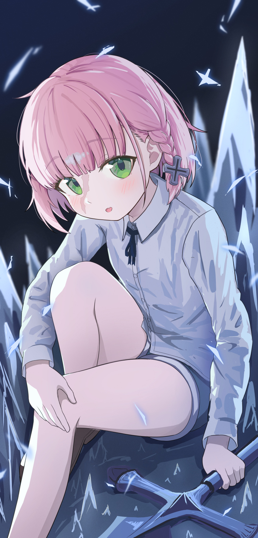 1girl :d aa_(ehhm3474) absurdres black_background black_ribbon blush braid collared_shirt commentary_request dress_shirt fang feet_out_of_frame green_eyes grey_shorts hair_ornament highres holding knee_up leonica looking_at_viewer neck_ribbon on_grass pink_hair ragna_crimson ribbon scar scar_on_face shirt short_shorts shorts sitting smile solo white_shirt