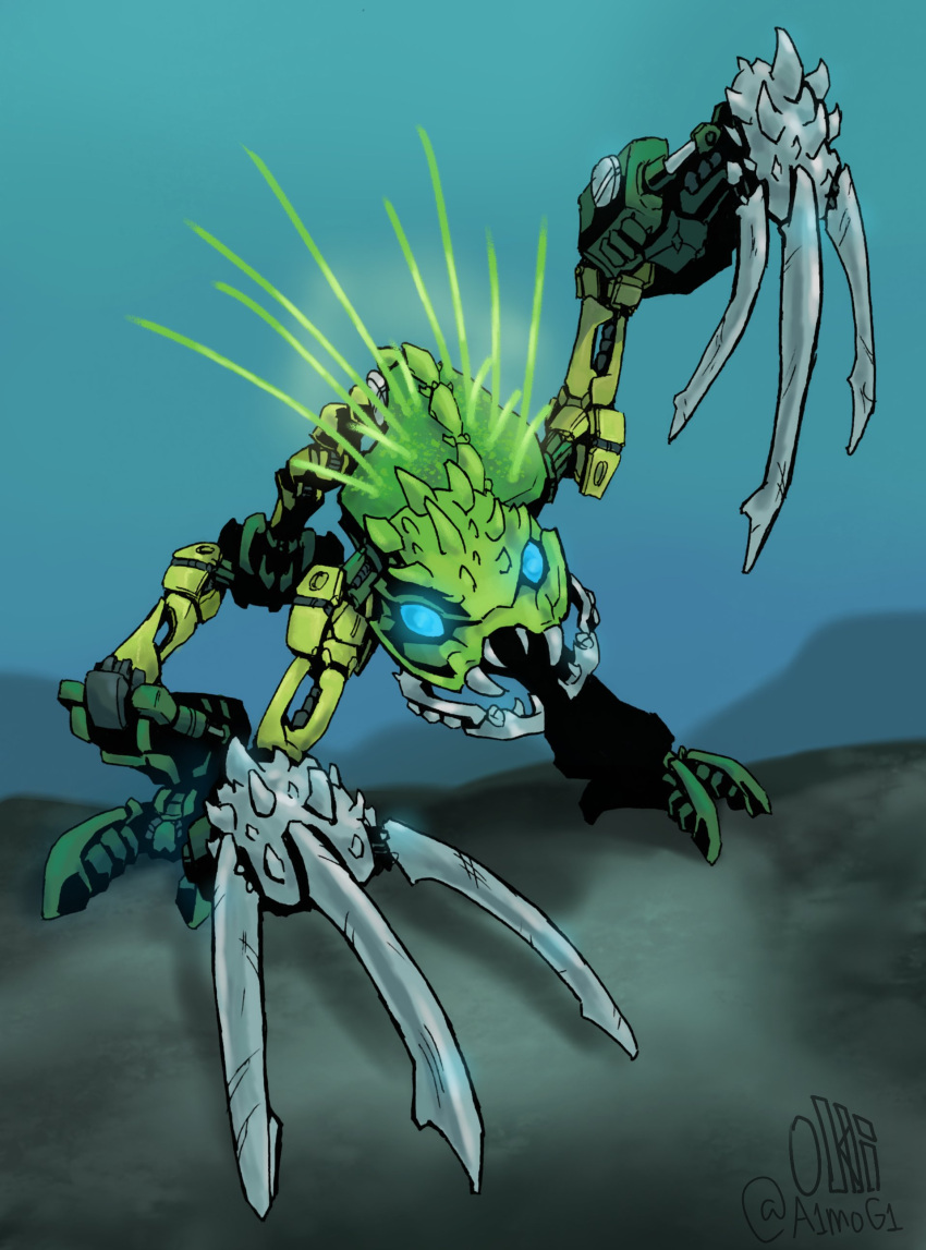 absurdres artist_name barraki_(bionicle) bionicle blue_eyes claws ehlek_(bionicle) english_commentary glowing glowing_eyes highres hunched_over looking_at_viewer mandibles monster okli spikes the_lego_group twitter_username underwater