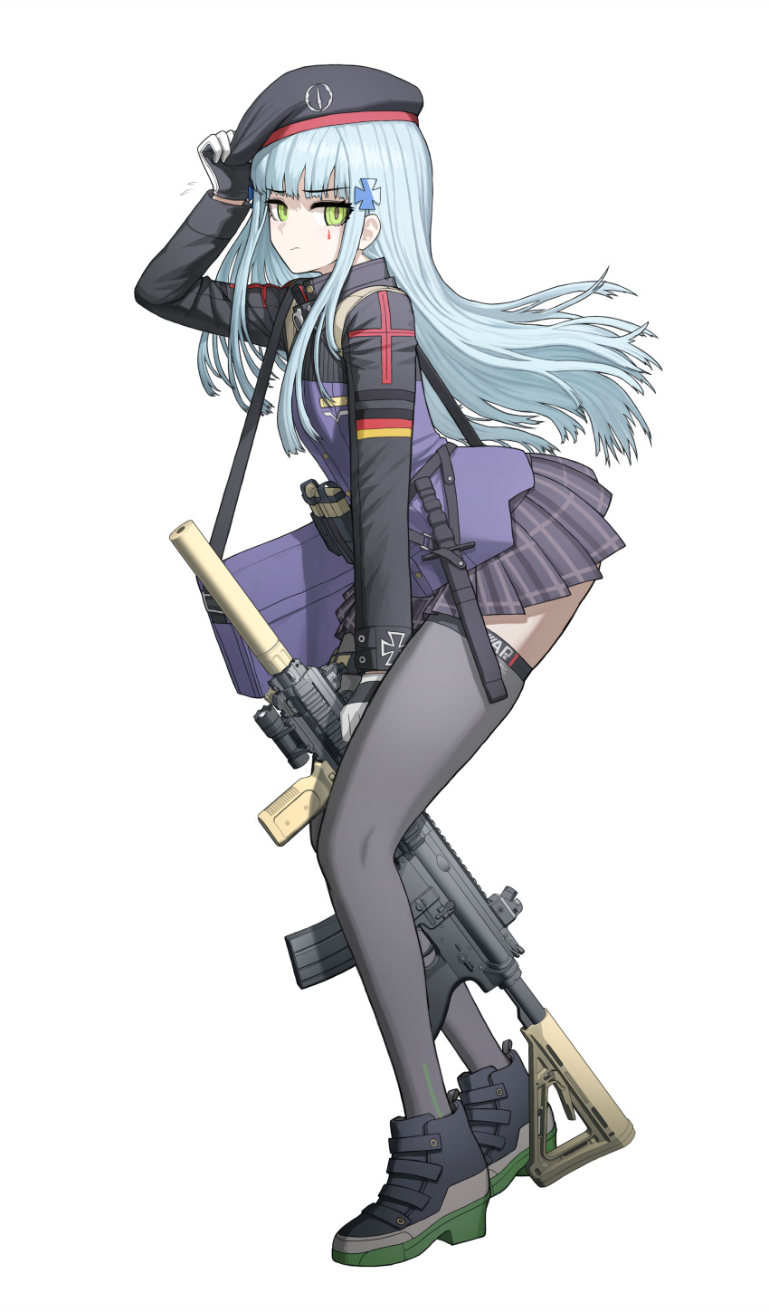 1girl absurdres assault_rifle bag beret black_gloves black_thighhighs blood blood_from_eyes blue_hair breasts cheogtanbyeong closed_mouth cross facial_mark flashlight german_flag girls_frontline gloves green_eyes gun h&amp;k_hk416 hand_up hat highres hk416_(girls'_frontline) long_hair long_sleeves looking_at_viewer magazine_(weapon) plaid plaid_skirt rifle simple_background skirt small_breasts solo suppressor teardrop_facial_mark thigh-highs two-tone_gloves weapon wedge_heels white_background white_gloves