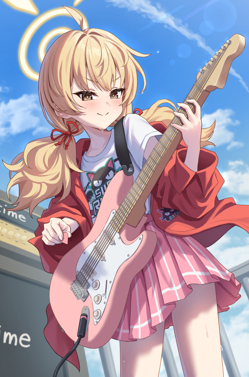 1girl absurdres ahoge blonde_hair blue_archive blush closed_mouth cowboy_shot electric_guitar guitar halo highres holding holding_instrument instrument jacket long_hair looking_at_viewer low_twintails music official_alternate_costume open_clothes open_jacket pink_skirt playing_instrument pleated_skirt red_jacket shirt short_sleeves simoumi_217 skirt smile solo twintails white_shirt yellow_eyes yellow_halo yoshimi_(band)_(blue_archive) yoshimi_(blue_archive)