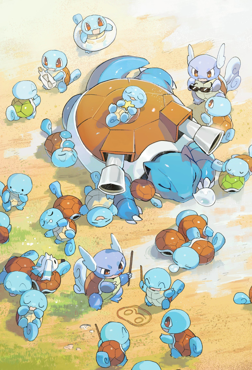6+others blastoise blue_skin brown_eyes colored_skin ditto evolutionary_line fangs from_above highres multiple_others newo_(shinra-p) nose_bubble pokemon pokemon_(creature) shell shoulder_cannon sleeping squirtle stick sunglasses tail transformed_ditto wartortle wingull
