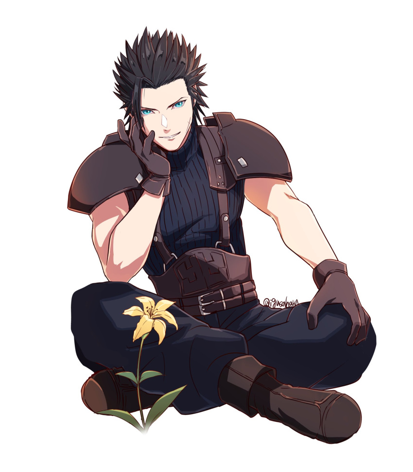 1boy armor baggy_pants black_footwear black_gloves black_hair blue_eyes boots crisis_core_final_fantasy_vii final_fantasy final_fantasy_vii final_fantasy_vii_rebirth final_fantasy_vii_remake flower full_body gloves hair_slicked_back highres igusaharu indian_style looking_at_viewer male_focus pants parted_lips ribbed_sweater scar scar_on_cheek scar_on_face short_hair shoulder_armor sitting sleeveless sleeveless_turtleneck solo spiky_hair suspenders sweater turtleneck turtleneck_sweater white_background yellow_flower zack_fair