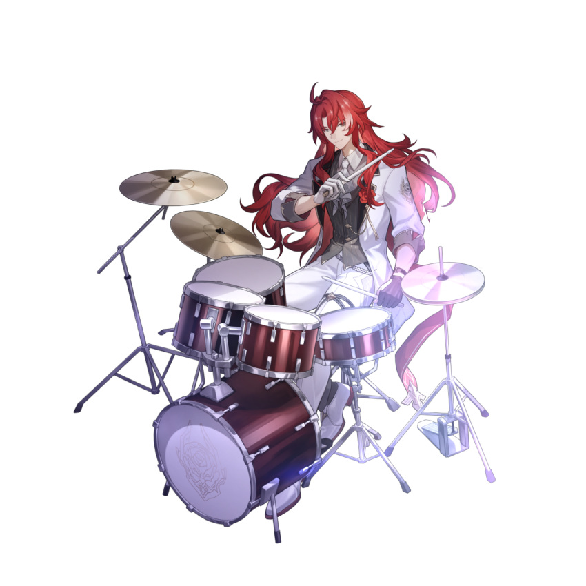 1boy argenti_(honkai:_star_rail) drum drum_set grey_vest highres holding honkai:_star_rail honkai_(series) instrument jacket long_hair long_sleeves looking_at_viewer male_focus official_art pants redhead shoes sitting smile solo transparent_background very_long_hair vest white_footwear white_jacket white_pants