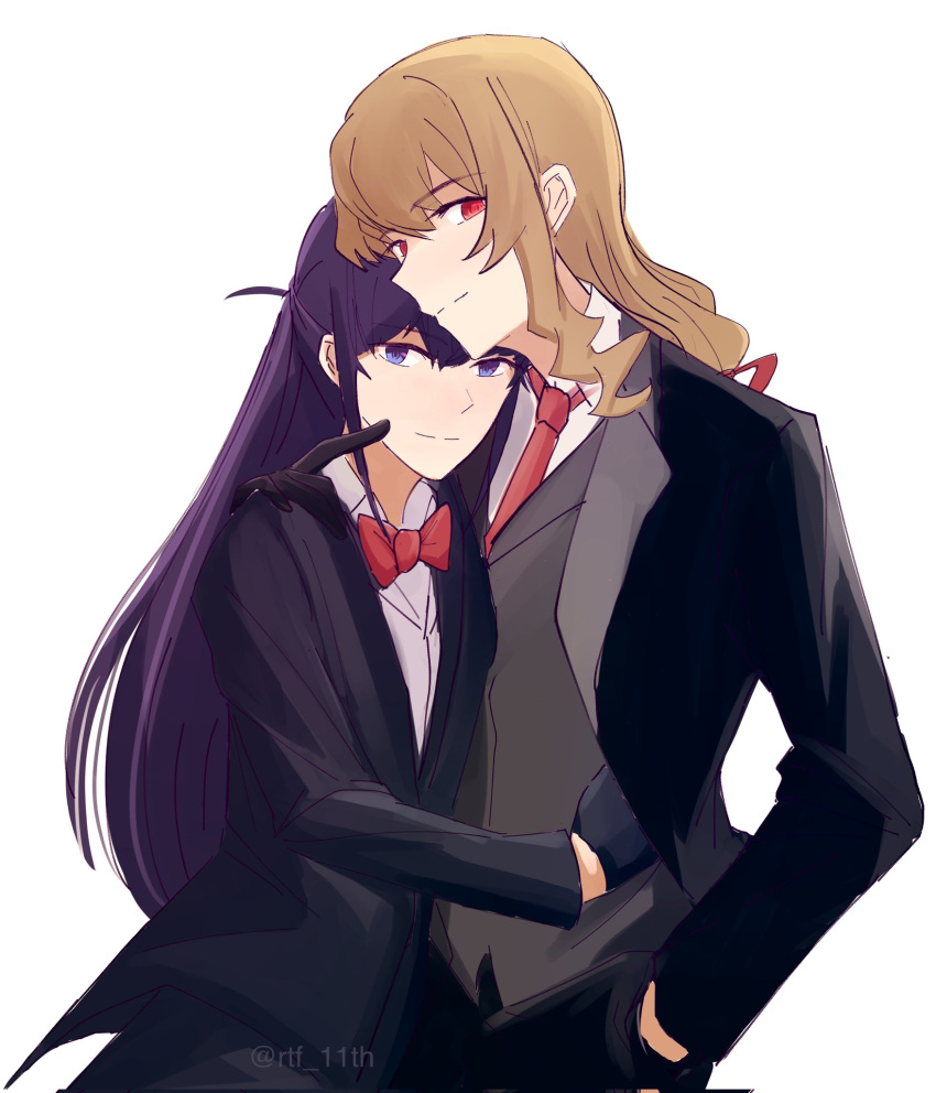 2girls black_gloves black_jacket blonde_hair bow bowtie closed_mouth collared_shirt commentary corrupted_twitter_file finger_to_another's_cheek gloves grey_vest hand_in_pocket hand_on_another's_shoulder hand_on_another's_waist heads_together highres jacket long_hair looking_at_viewer multiple_girls necktie purple_hair red_bow red_bowtie red_eyes red_necktie rtf_11th saijou_claudine shirt shoujo_kageki_revue_starlight simple_background smile suit_jacket tsuyuzaki_mahiru upper_body vest violet_eyes white_background white_shirt yuri
