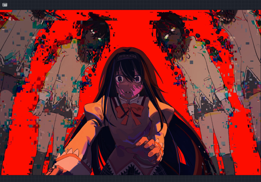 5girls akemi_homura arms_at_sides black_eyes black_hair black_hairband black_skirt black_socks blood blood_on_face bow bowtie chinese_commentary clone collared_jacket commentary_request distortion glasses glitch hairband highres jacket jiuri. juliet_sleeves kneehighs long_hair long_sleeves looking_at_viewer mahou_shoujo_madoka_magica mahou_shoujo_madoka_magica_(anime) mitakihara_school_uniform multiple_girls multiple_persona no_mouth pink_blood plaid plaid_skirt puffy_sleeves reaching reaching_towards_viewer red_background red_bow red_bowtie school_uniform skirt socks standing stylized_blood upper_body wide-eyed yellow_jacket