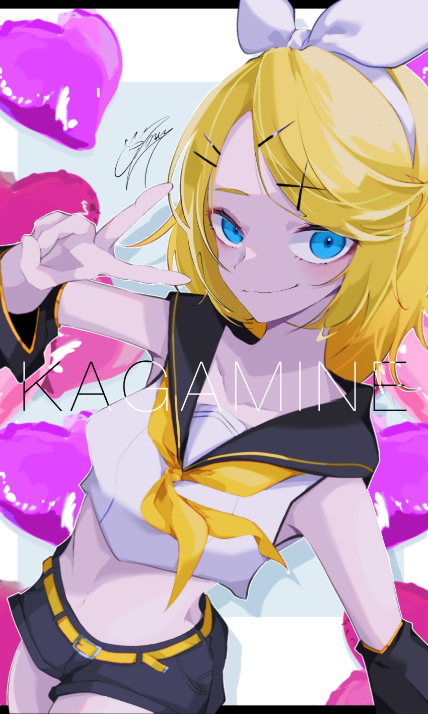 1girl absurdres black_shorts blonde_hair blue_eyes character_name closed_mouth detached_sleeves english_text goma_irasuto hair_ornament hairclip headset highres kagamine_rin looking_at_viewer neckerchief necktie shorts smile v vocaloid yellow_nails yellow_neckerchief yellow_necktie