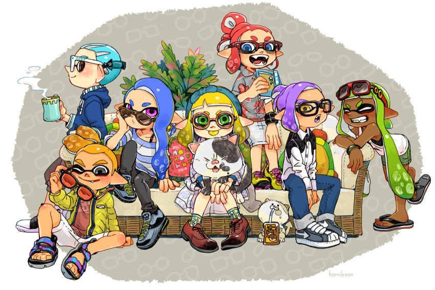 3boys 4girls :p ^_^ animal ankle_socks arm_support artist_name asymmetrical_hair bandana bare_shoulders between_legs black-framed_eyewear black_footwear black_pants blonde_hair blue_bandana blue_eyes blue_hair blue_hoodie blue_pants blue_shirt blush book bracelet brown_eyes cat closed_eyes closed_mouth collared_shirt colored_tongue commentary_request couch cup dark-skinned_female dark_skin drawstring dress dress_shirt drinking drinking_straw drinking_straw_in_mouth eyewear_on_head fangs flip-flops full_body glasses green_eyes green_hair green_jacket green_socks grey_eyes grey_footwear grey_shirt grin hair_bun hair_tie hanako515_ika hand_between_legs hand_on_own_cheek hand_on_own_face head_rest highres holding holding_animal holding_book holding_cat holding_cup holding_removed_eyewear hood hoodie inkling inkling_boy inkling_girl inkling_player_character jacket jewelry judd_(splatoon) juice_box li'l_judd_(splatoon) long_hair long_sleeves looking_at_viewer looking_to_the_side medium_hair mug multicolored_socks multiple_boys multiple_girls no_socks on_couch on_floor one_eye_closed open_clothes open_jacket open_mouth orange_eyes orange_hair pants pink_eyes pointy_ears ponytail print_shirt purple_dress purple_hair purple_tongue pursed_lips red-framed_eyewear red-tinted_eyewear red_footwear red_shirt red_tongue redhead sandals shirt shoes short_hair shorts sidelocks sideways_glance sitting skirt smile sneakers socks splatoon_(series) standing standing_on_one_leg striped_clothes striped_shirt sunglasses tank_top tentacle_hair thick_eyebrows tinted_eyewear tongue tongue_out twintails two-tone_shirt unworn_eyewear very_long_hair very_short_hair watch watch wavy_hair white-framed_eyewear white_shirt white_shorts white_skirt white_socks white_tank_top yellow_footwear yellow_tongue