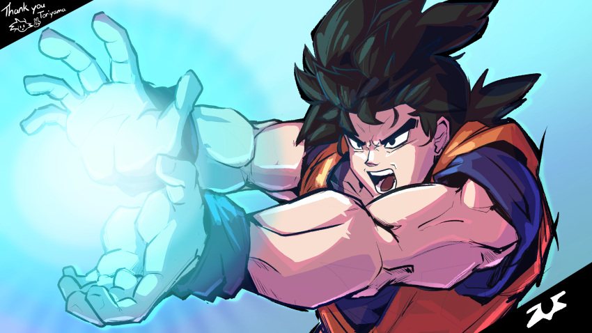 1boy arms_up black_hair blue_background blue_light blue_shirt blue_wristband dougi dragon_ball english_commentary highres incoming_attack jumpsuit kamehameha_(dragon_ball) looking_ahead male_focus micro_(antisocialmicro) open_mouth orange_jumpsuit shirt short_hair short_sleeves solo son_goku spiky_hair thick_eyebrows upper_body wristband