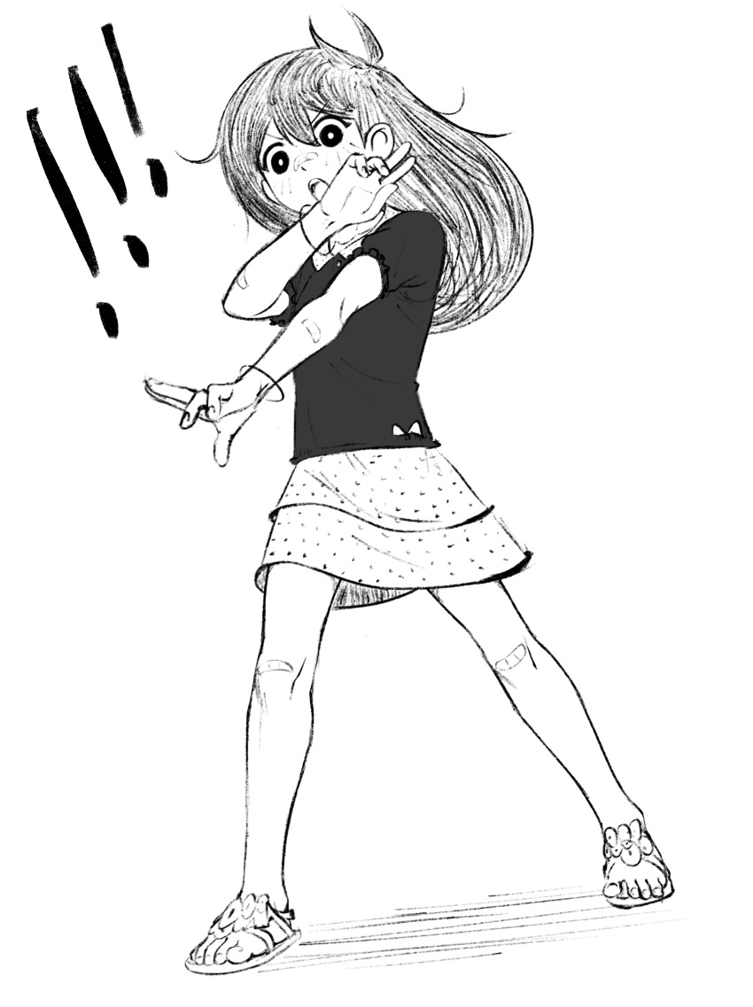 ! !! 1girl absurdres aged_down ahoge bandaid bandaid_on_knee bandaid_on_leg blush bracelet bright_pupils cabronpr commentary dutch_angle english_commentary fingernails frilled_sleeves frills full_body gang_sign greyscale hair_behind_ear hair_between_eyes hand_up hatching_(texture) highres jewelry legs_apart long_hair looking_at_viewer mari_(faraway)_(omori) mari_(omori) miniskirt monochrome omori open_mouth outstretched_arm polka_dot polka_dot_skirt puffy_short_sleeves puffy_sleeves shirt shoes short_sleeves simple_background skirt solo standing teeth toeless_footwear tongue upper_teeth_only v-shaped_eyebrows