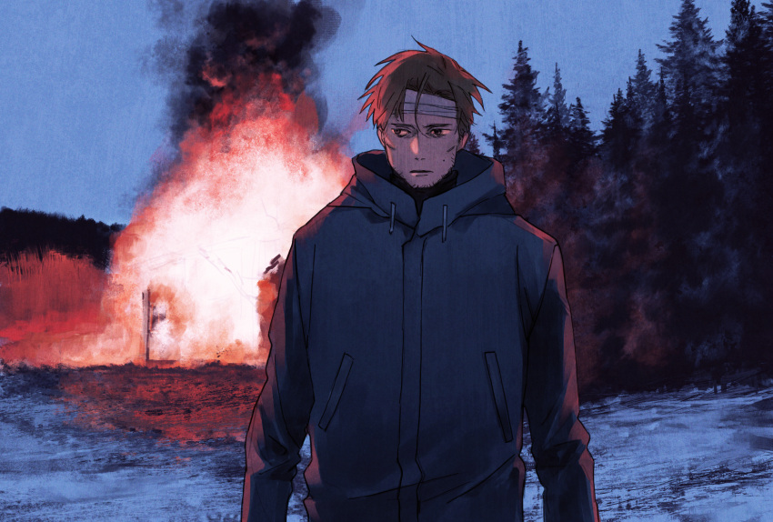 13_(pixiv_84747634) 1boy bandaged_head bandages beard_stubble bow brown_eyes brown_hair burning burning_building cheekbones cowlick facial_hair fire forest grey_jacket hair_bow highres jacket long_sleeves looking_to_the_side male_focus mole mole_on_cheek nature original outdoors short_hair solo stubble upper_body