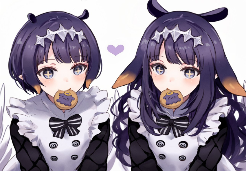 +_+ 2girls blush character_cookie cookie dual_persona food food_in_mouth hair_ornament heart hololive hololive_english long_hair long_sleeves mole mole_under_eye multiple_girls ninomae_ina'nis ninomae_ina'nis_(6th_costume) pointy_ears purple_hair short_hair simple_background takodachi_(ninomae_ina'nis) tentacle_hair upper_body violet_eyes virtual_youtuber white_background yuuyu_(777)