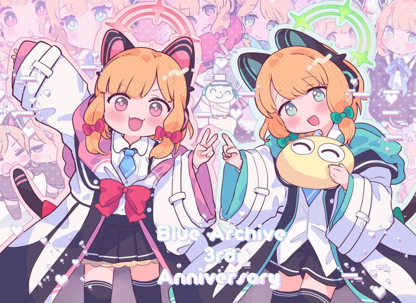 2girls absurdres animal_ear_headphones animal_ears anniversary black_shorts black_skirt black_thighhighs blonde_hair blue_archive blue_necktie blush bow cat_tail collared_shirt fake_animal_ears green_bow green_eyes green_halo hair_bow halo headphones highres jacket long_sleeves looking_at_viewer mantezaurusu midori_(blue_archive) midori_(maid)_(blue_archive) momoi_(blue_archive) momoi_(maid)_(blue_archive) multiple_girls multiple_views necktie official_alternate_costume open_clothes open_jacket open_mouth pink_halo pleated_skirt red_bow red_eyes shirt short_hair shorts siblings sisters skirt smile tail thigh-highs twins v white_jacket white_shirt wide_sleeves