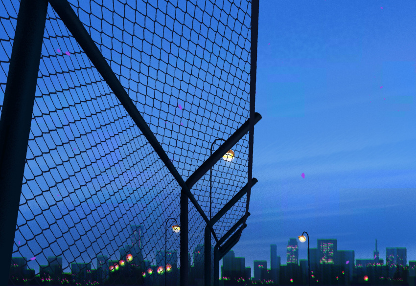 blue_sky building chain-link_fence chromatic_aberration city city_lights cityscape clear_sky dusk fence highres lamppost no_humans object_focus original outdoors poupee_(capo_sung) scenery sky skyscraper